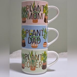 Plant Lover Mugs -Set Of 3 "Plant Mom" "Plant Dad" "Plant Lover" Pink Blue+Green